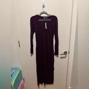 Michael Stars Long Sleeve V-Neck Rib Knit Dress in Deep Plum